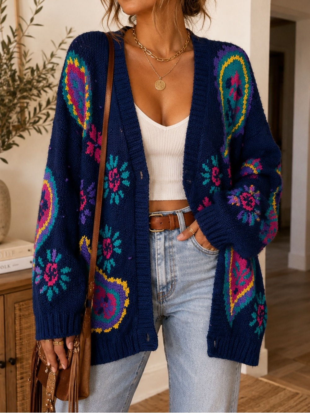 Vintage 90’s  Izod hand knitted Navy Cardigan  Paisley S